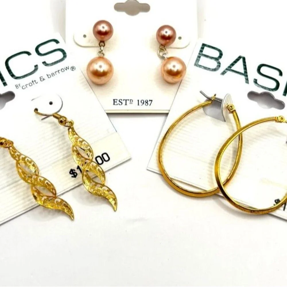 Croft & Barrow Gold-Tone Hoop, Twisted Drop and Rose Pearl Earring Bundle